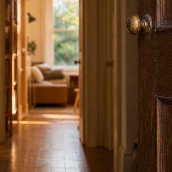 Woman entering front door with relief — detail