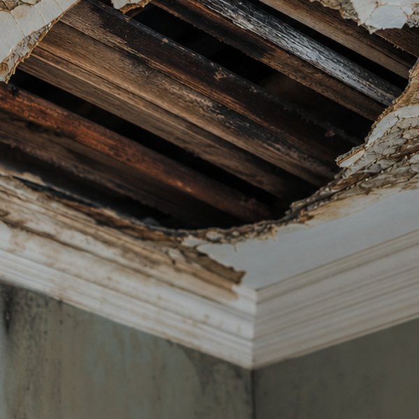 Water-damaged ceiling with visible mold growth — detail