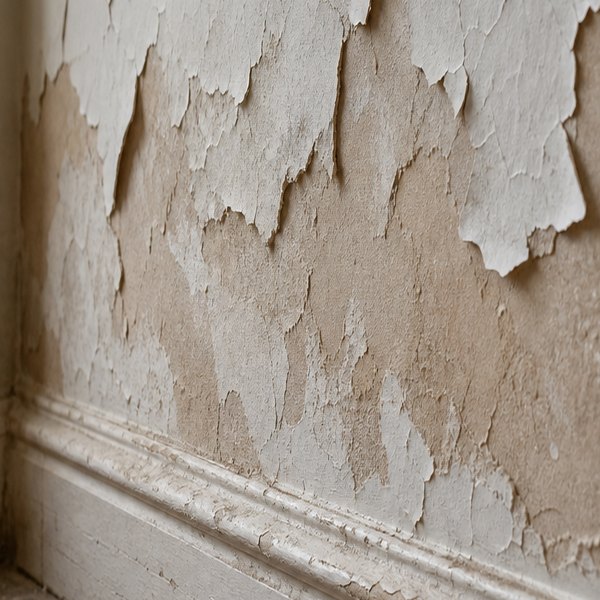 A freshly painted white wall shows hairline cracks spreading across its surface in irregular patterns. — detail