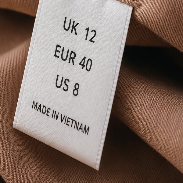 Clothing label reading UK 12, EUR 40, US 8 and Made in Vietnam, stitched into a brown knitted garment