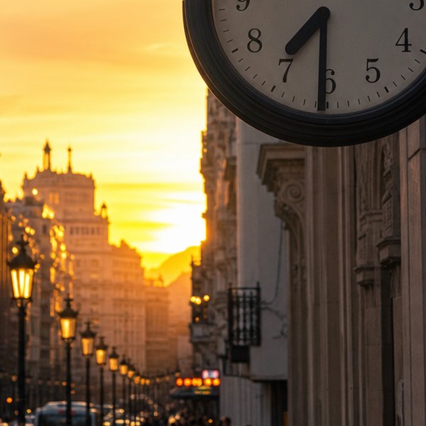 Street clock hanging over a city avenue lined with old lamp posts as the sun sets