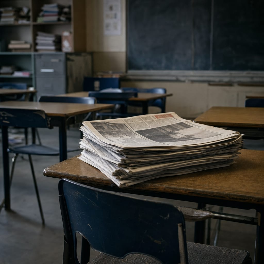 Students reading the critical newspaper editorial