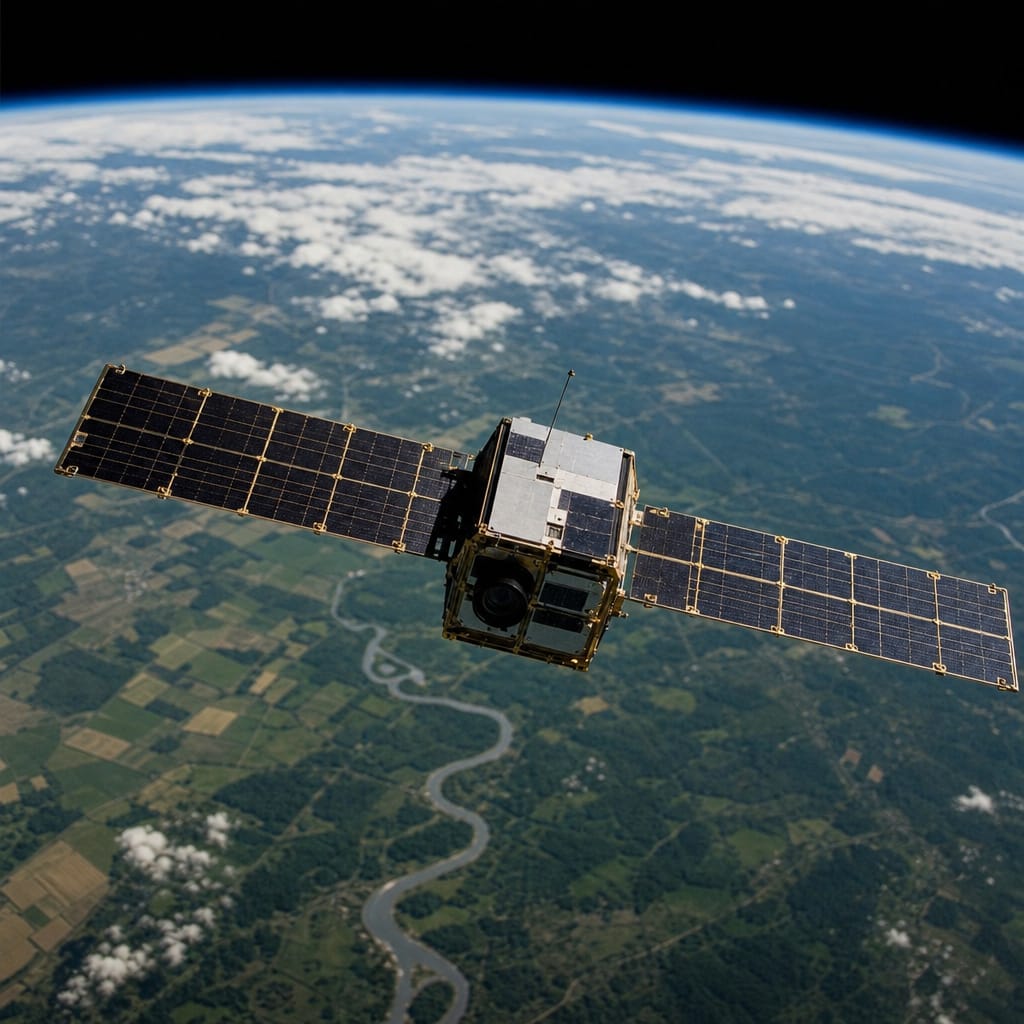 Farmer and satellite with assembled press
