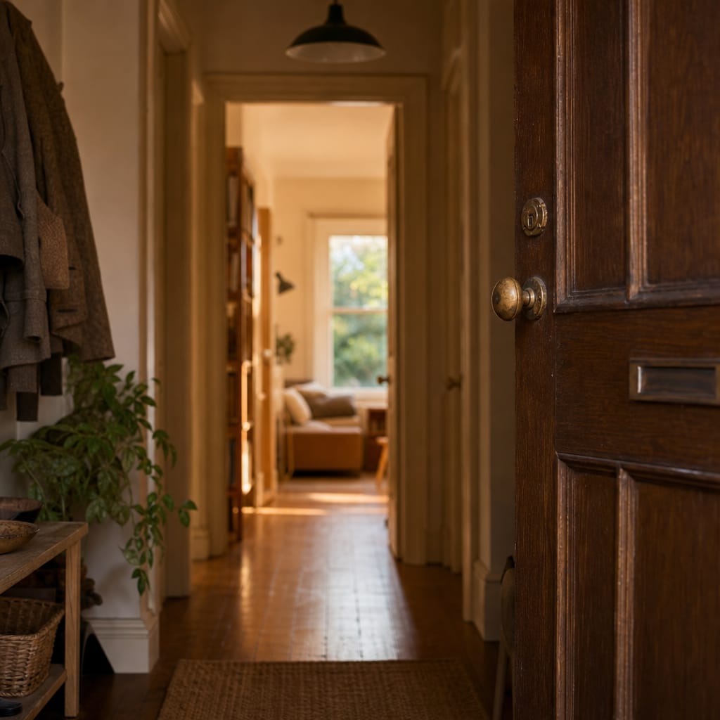 Woman entering front door with relief
