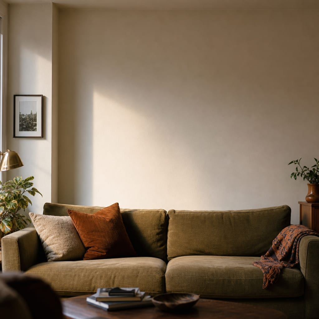 Dusty picture frame above sofa