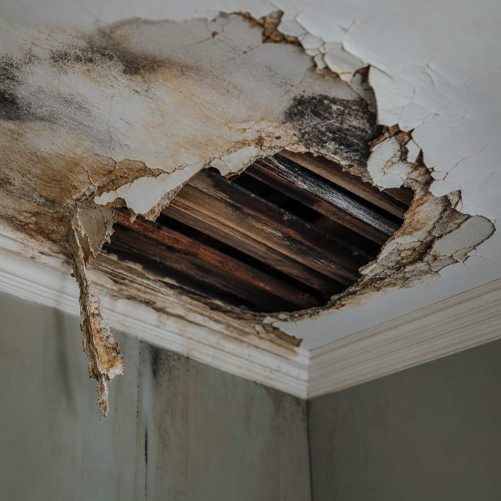 Water-damaged ceiling with visible mold growth