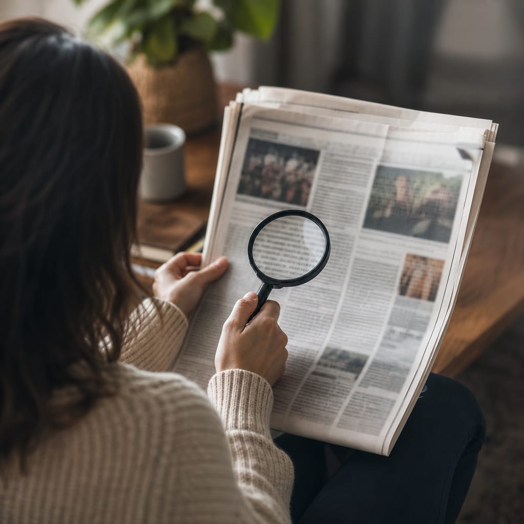 Reader critically examining newspaper for bias