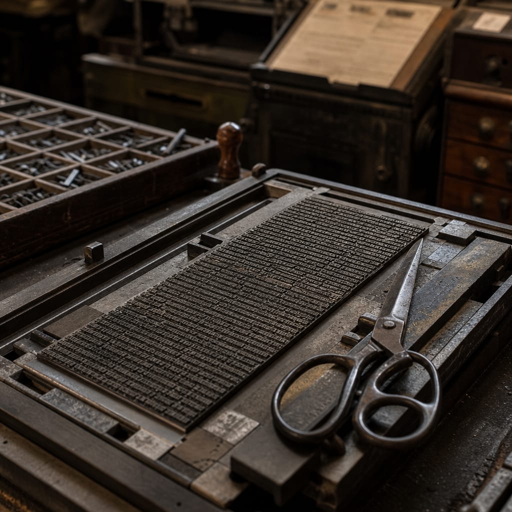 Scissors cutting through manuscript pages
