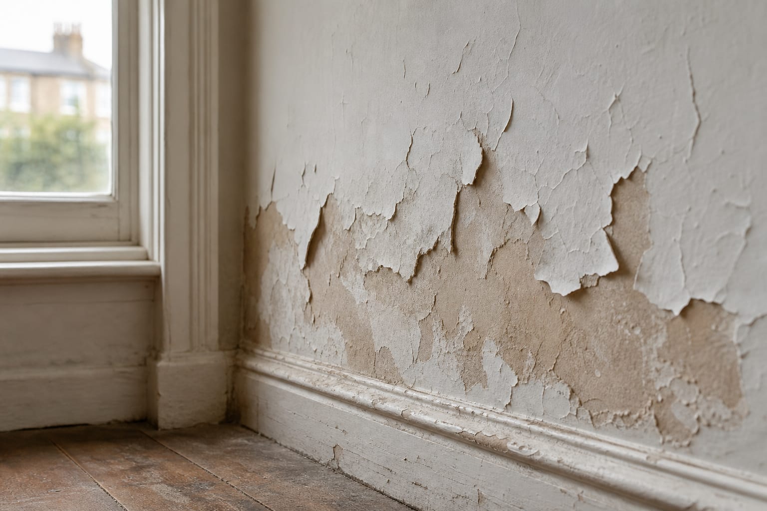 A freshly painted white wall shows hairline cracks spreading across its surface in irregular patterns.